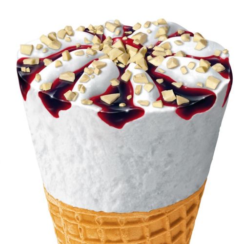 Ice cream cone with fruit sauce and white chocolate toppings