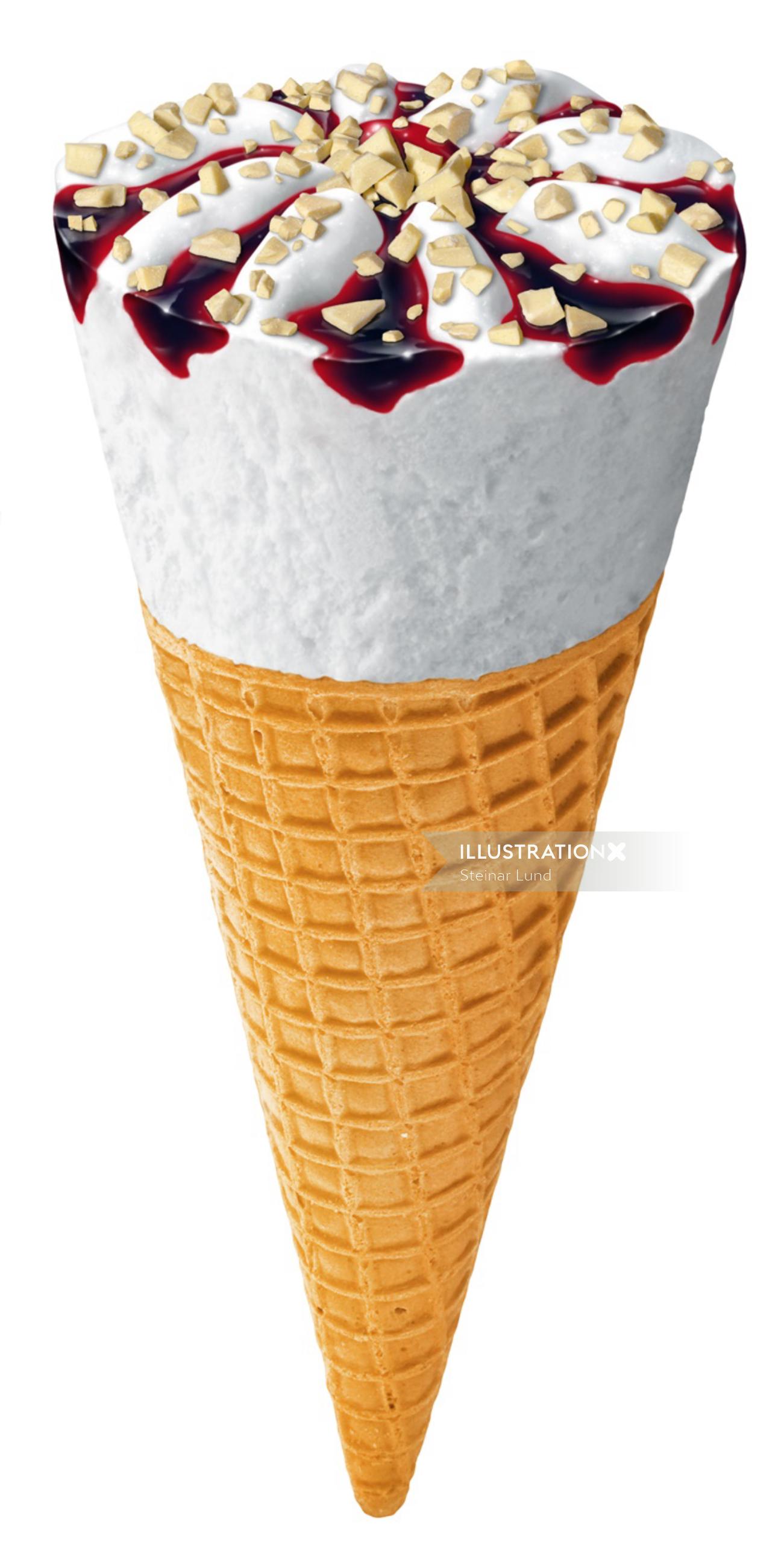 Ice cream cone with fruit sauce and white chocolate toppings