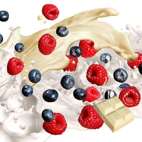 Cream and milk splashes with fruit and white chocolate