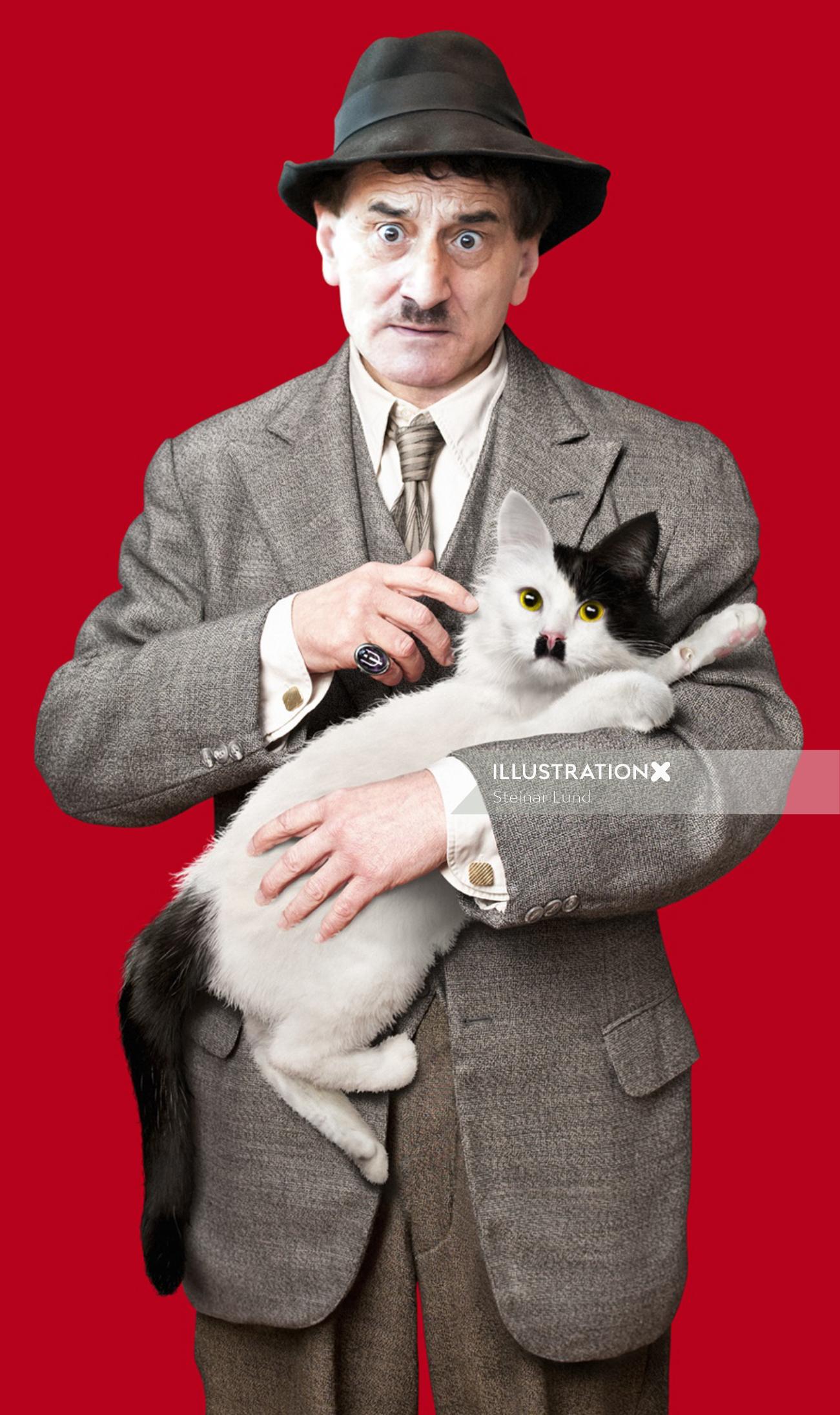 Homme en costume de gangster tenant un chat avec une moustache noire