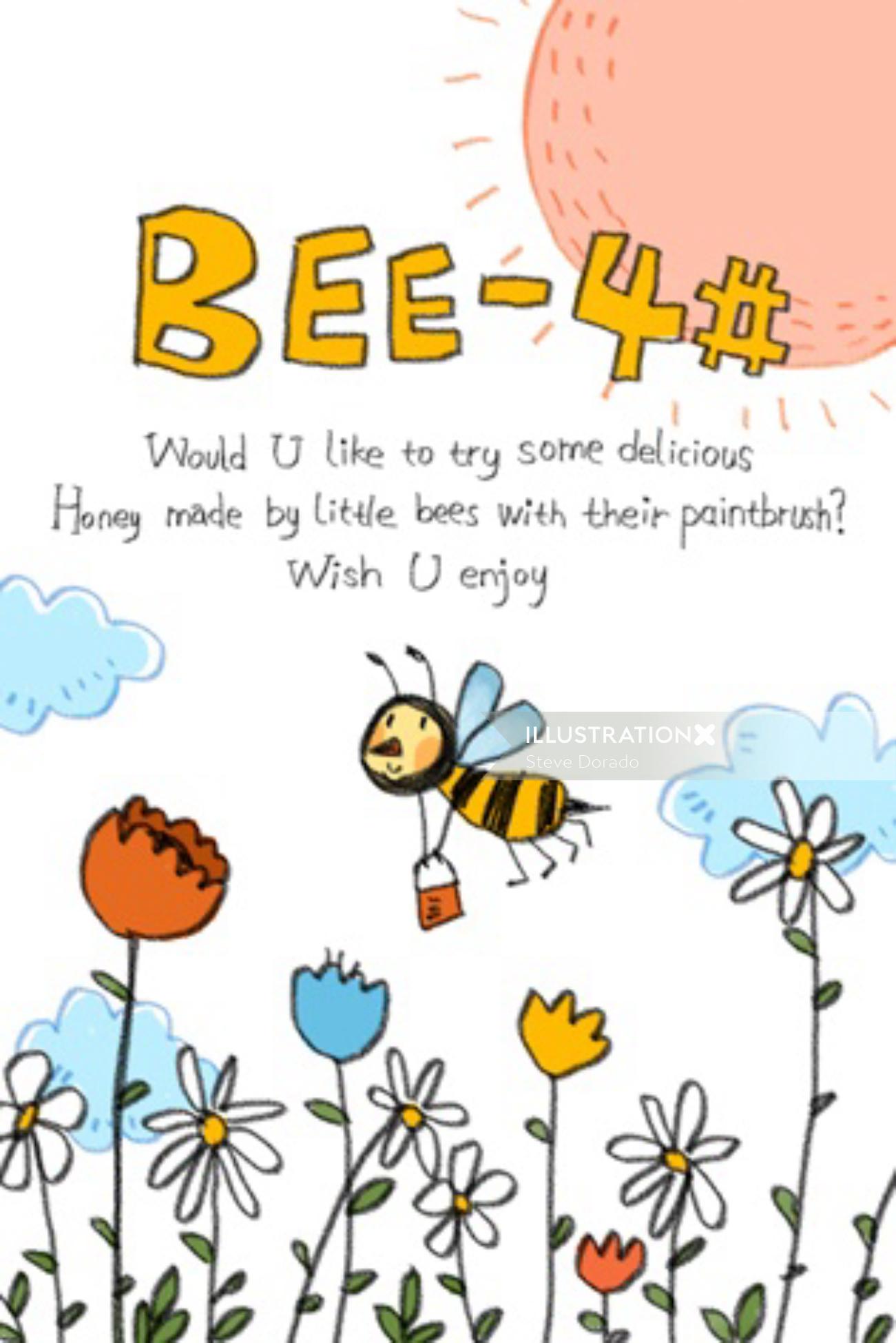 Ilustración hecha a lápiz de abejas y flores