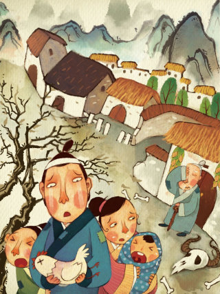 Escena callejera del libro infantil chino Story Nian.