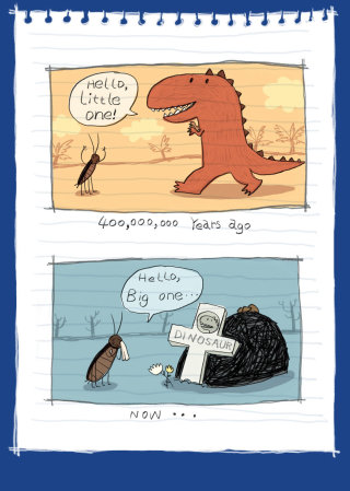 Ilustración de dinosaurios e insectos para libro infantil.