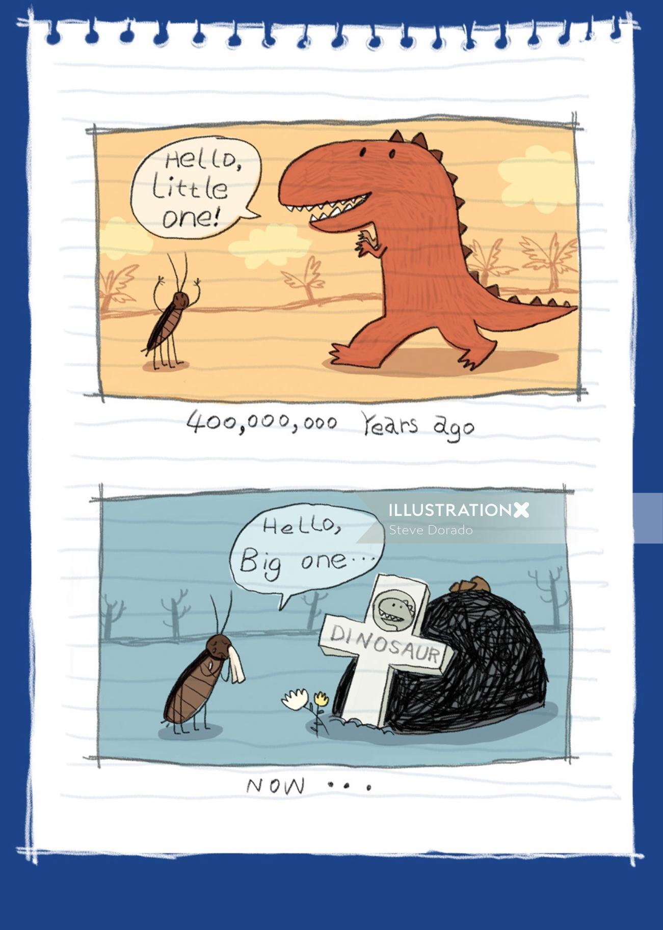 Ilustración de dinosaurios e insectos para libro infantil
