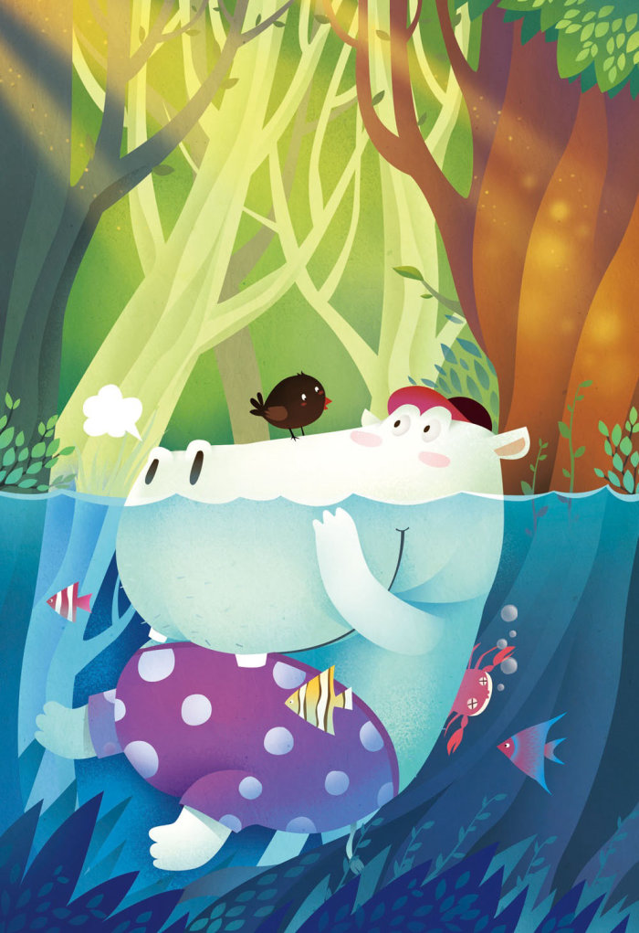 cartoon character of bird & hippo swimming in water