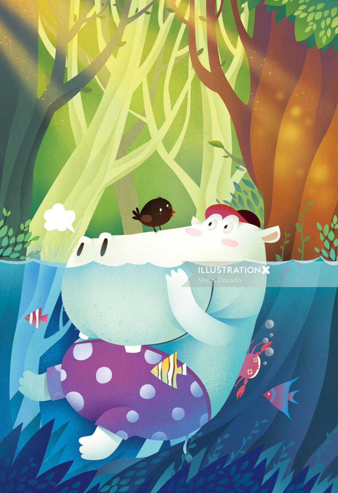 cartoon character of bird & hippo swimming in water