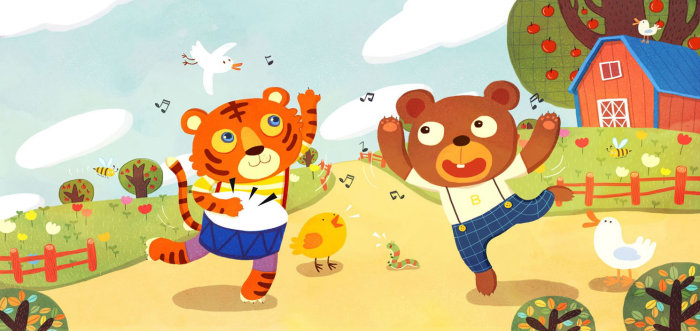 Ilustración infantil bailando oso tigre