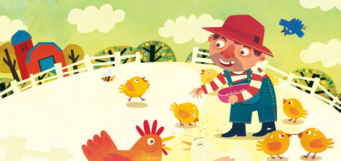 Agriculteur Illustration enfants avec poulet