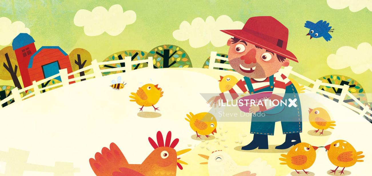 Children Illustration farmer with chicken
