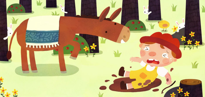 Children Illustration boy felll off donkey
