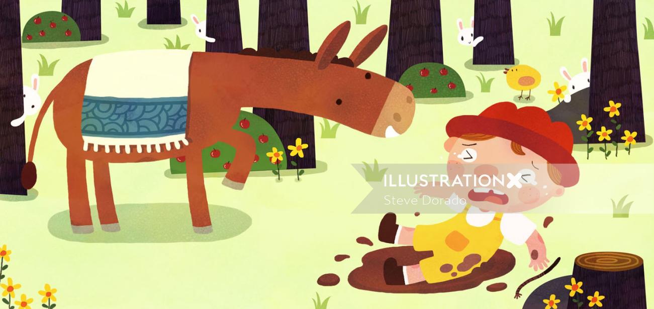 Children Illustration boy felll off donkey
