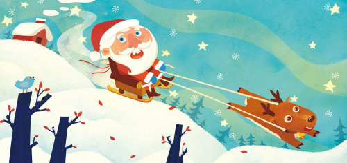 Ilustração de crianças Papai Noel esquiando com cachorro