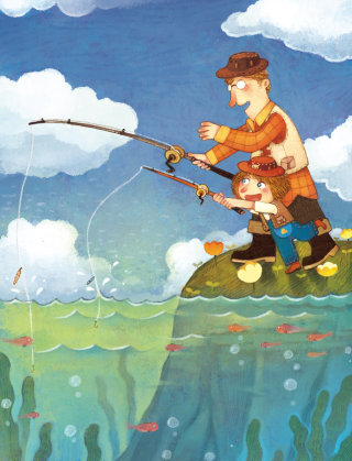Ilustração de crianças pai menina pescando

