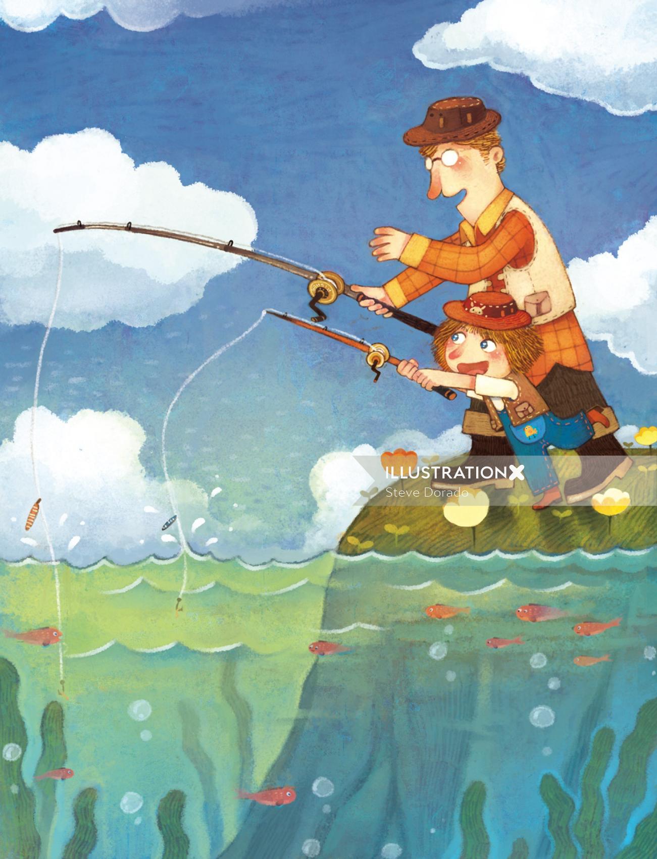 Ilustración infantil padre niña pescando