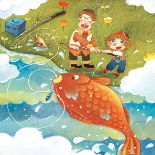 Children Illustration catching big fish
