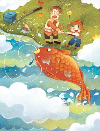Ilustración infantil capturando peces grandes.

