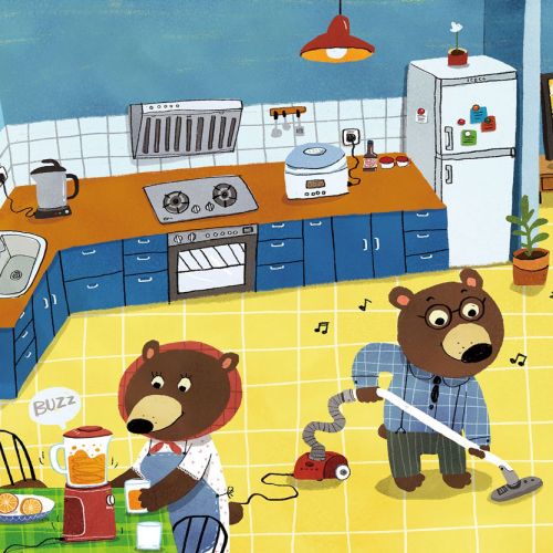Children Illustration bears cleaning kitchen
