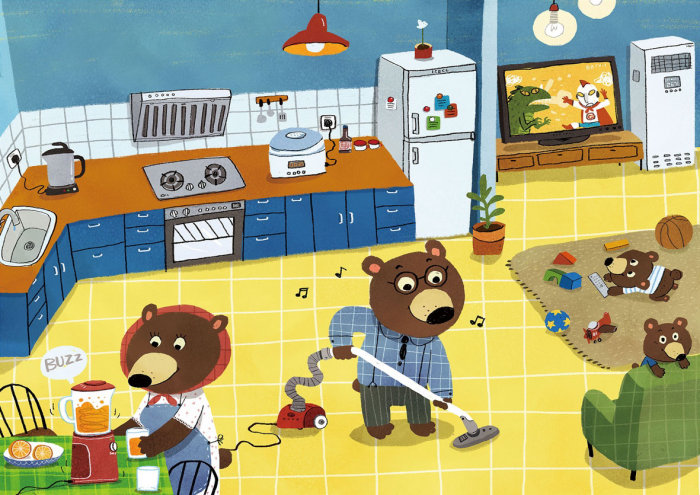 Ilustración infantil osos limpiando cocina