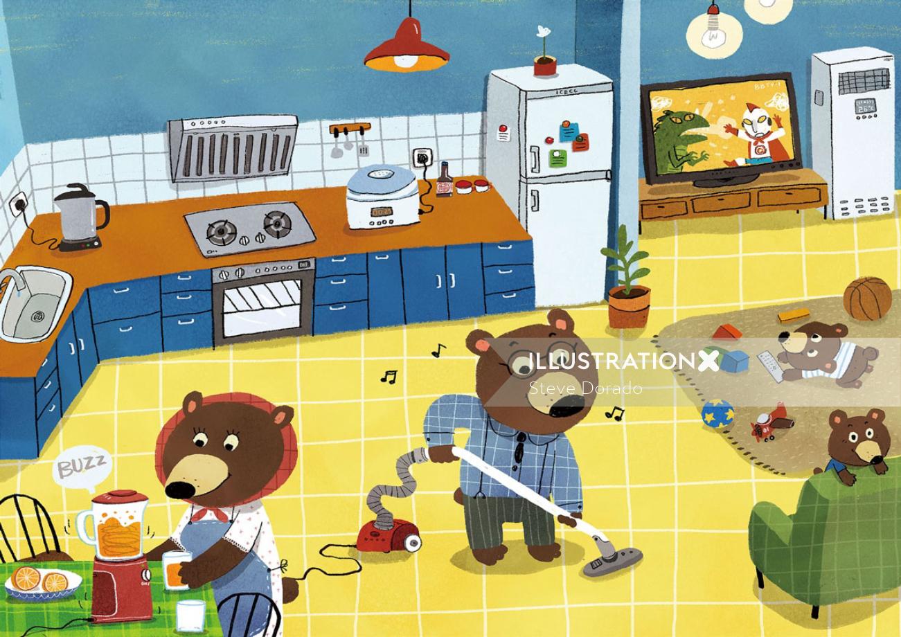 Children Illustration bears cleaning kitchen
