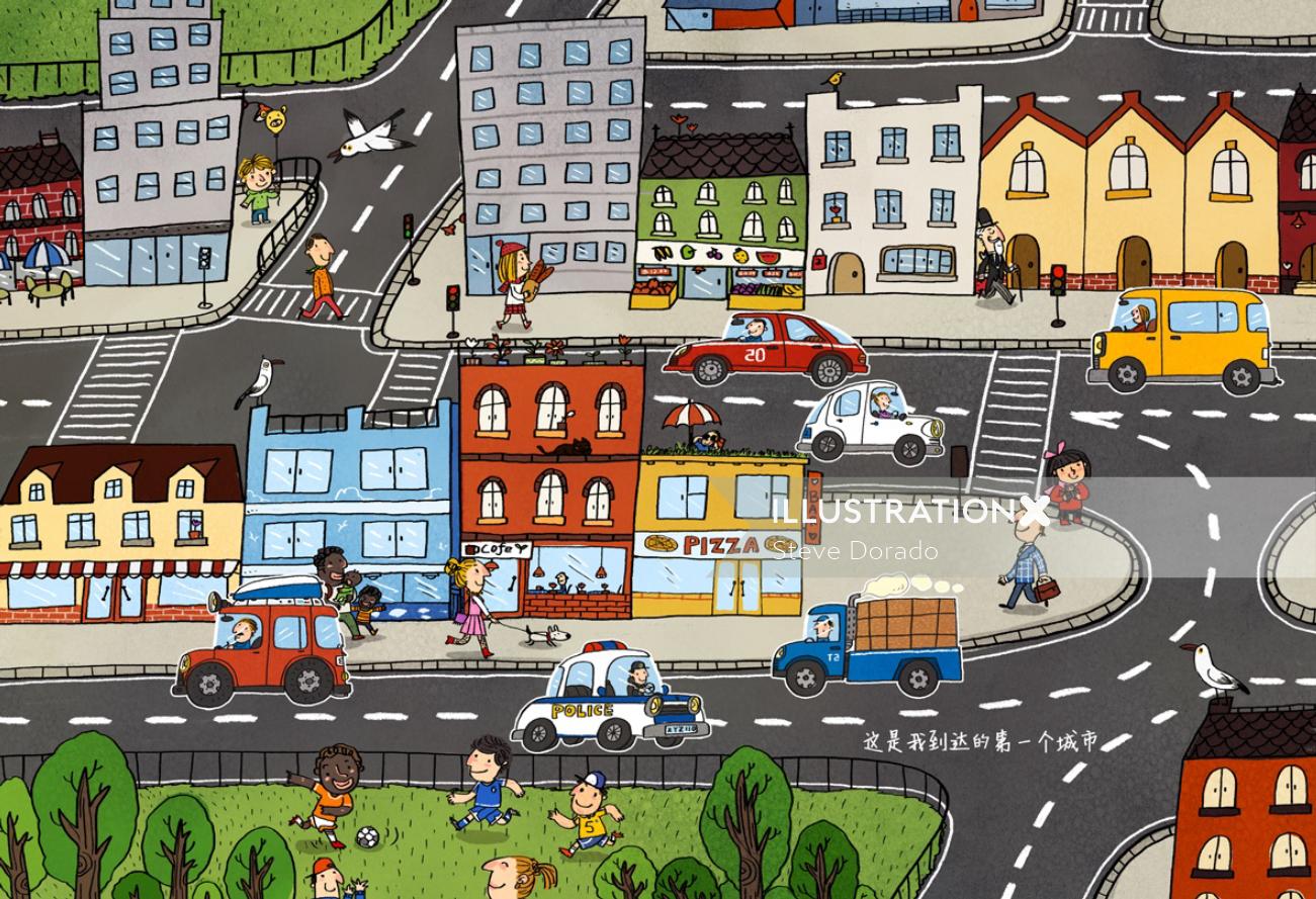 Children illustration traffic in city
