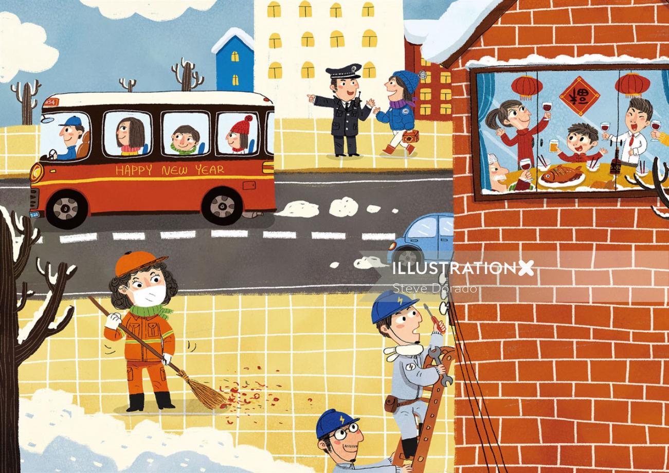 Children Illustration people cleaning
