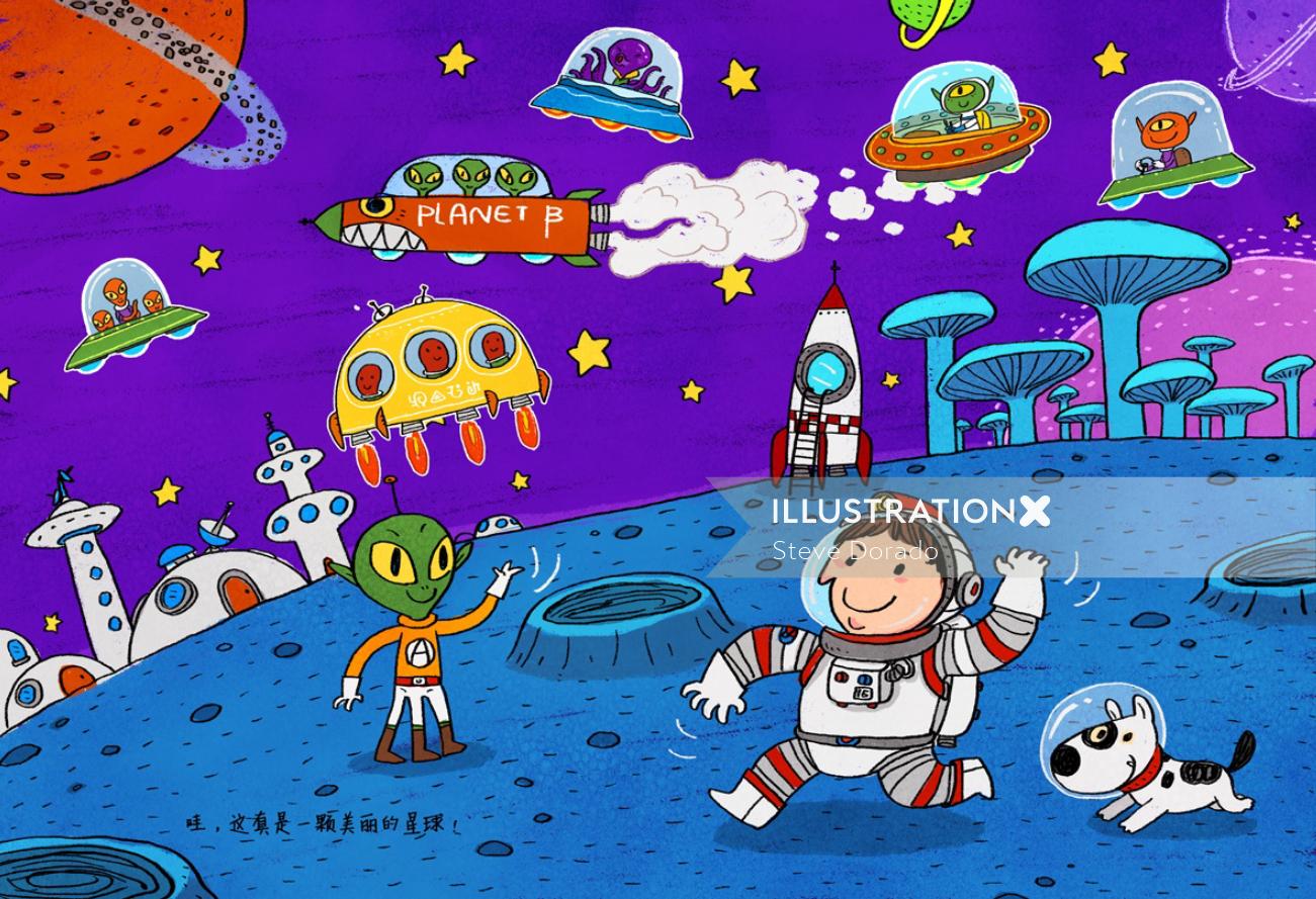 Astronaut landing on a planet Drawing