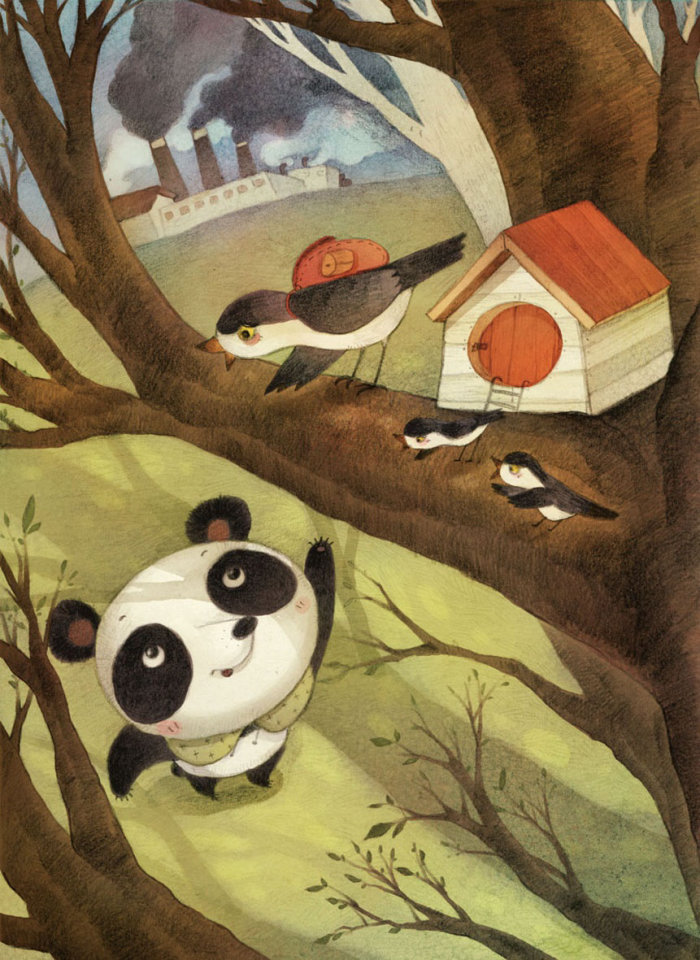 cartoon panda bear calling birds sitting on a tall tree