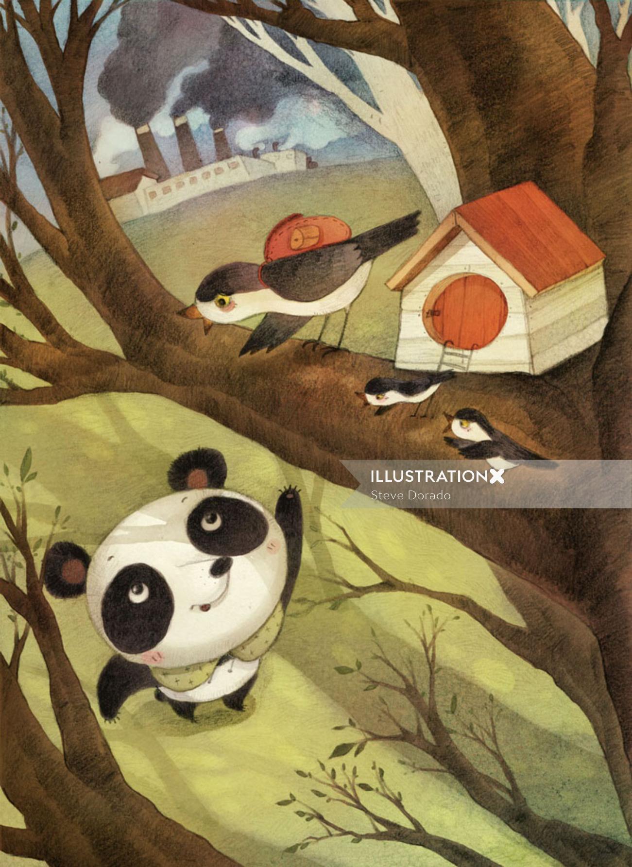 Oso panda de dibujos animados llamando pájaros sentado en un árbol alto