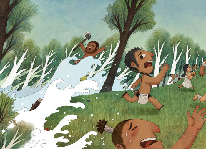 Ilustración infantil gente corriendo del agua