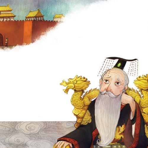 Children Illustration chinese master on dragon chair
