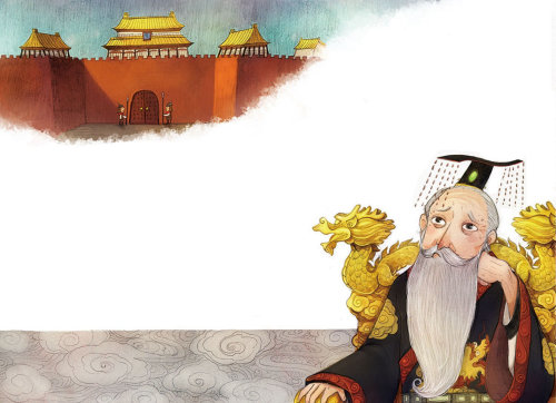 Illustration enfants maître chinois sur chaise dragon