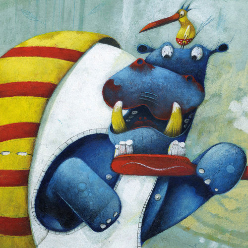 Ilustración para el juego memo: retrato de un hipopótamo cepillándose los dientes.