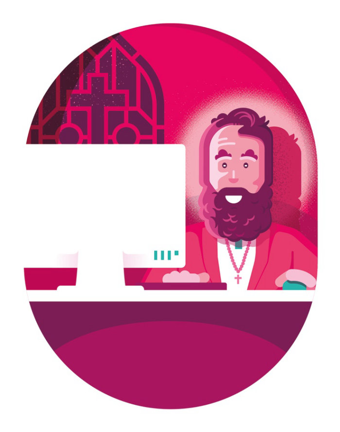 Illustration of a religious man using computer