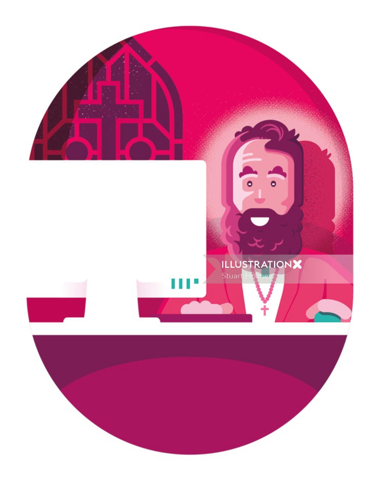 Illustration of a religious man using computer