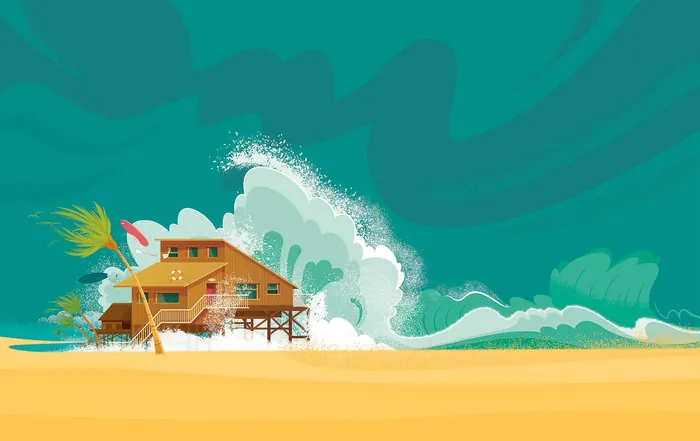 Wooden coastal house on stilts with large waves crashing nearby by Stuart Holmes