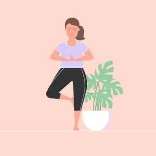 Woman in yoga pose standing beside potted plant by Stuart Holmes