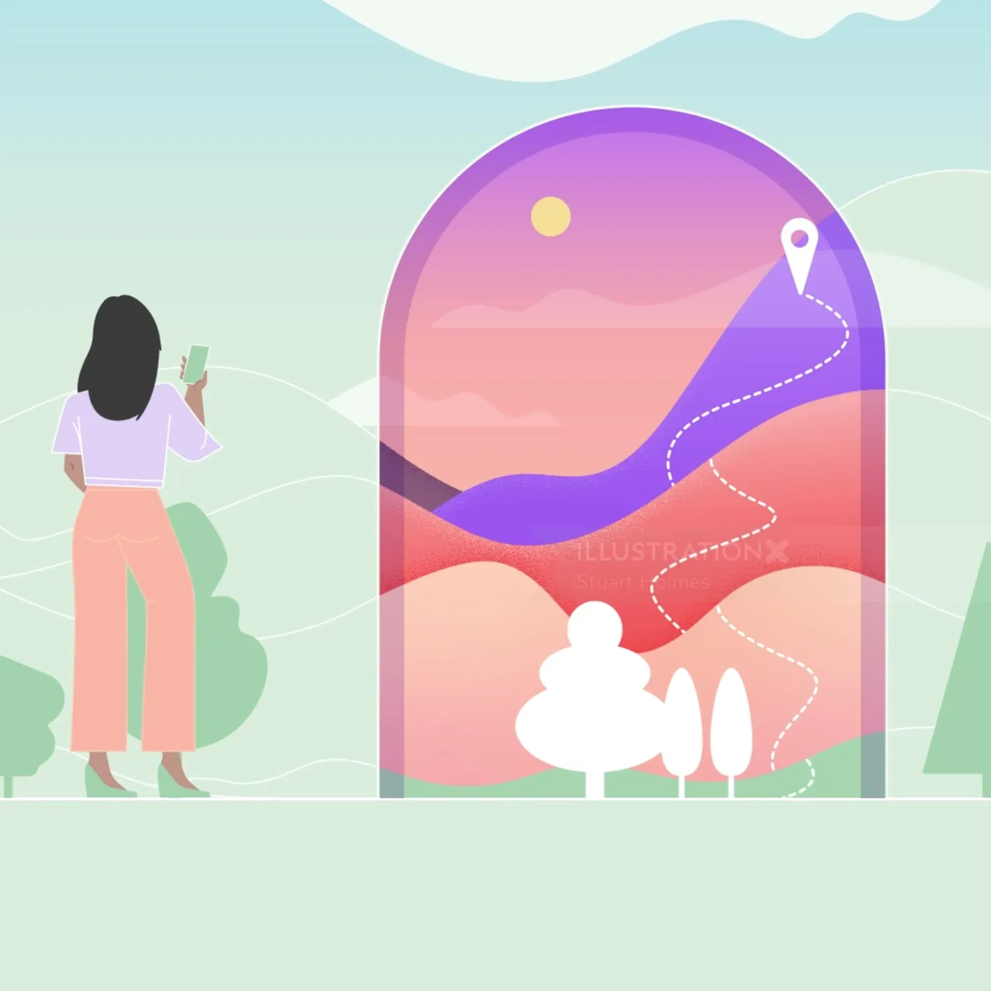 Woman looking at digital landscape map at sunset, by Stuart Holmes