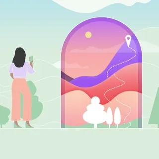 Woman looking at digital landscape map at sunset, by Stuart Holmes