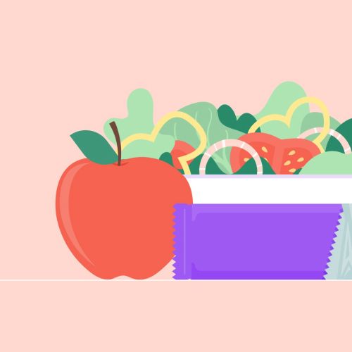 Illustration of a healthy snack with apple, salad, and chocolate by Stuart Holmes