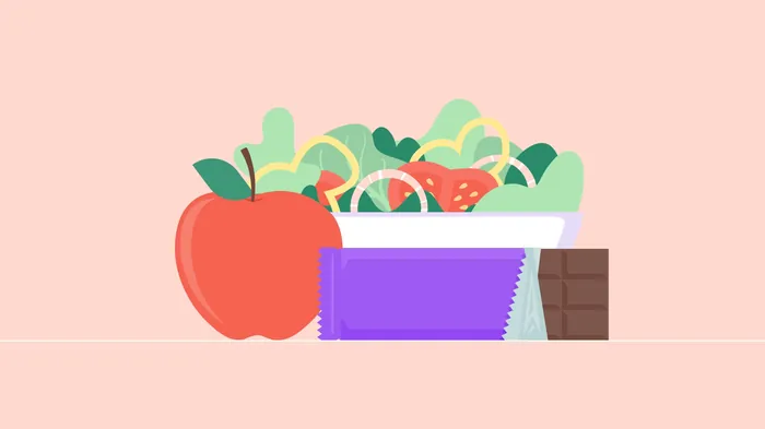 Illustration of a healthy snack with apple, salad, and chocolate by Stuart Holmes