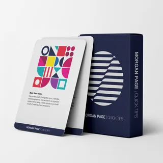 Card deck packaging and colorful tip card by artist Stuart Holmes