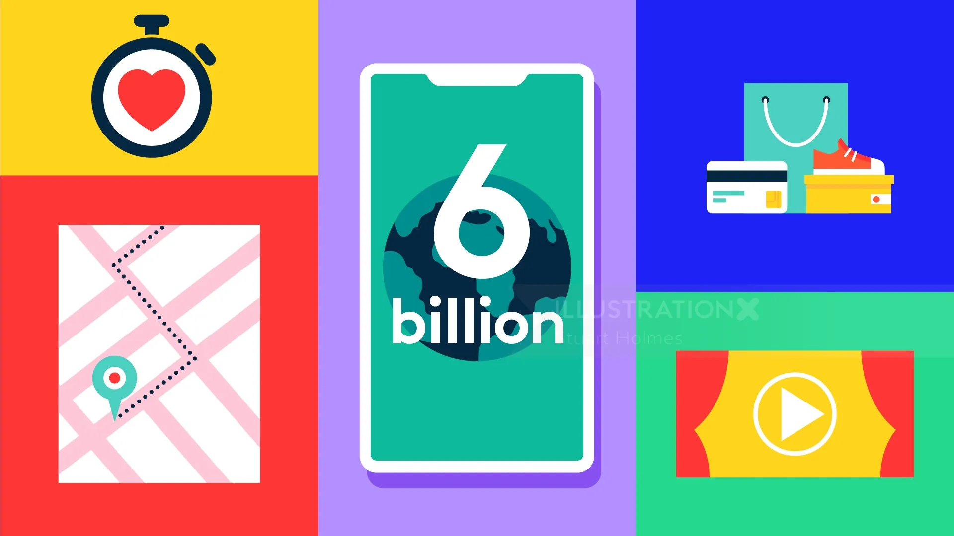 Colorful infographic of smartphone uses including location, shopping and video by Stuart Holmes