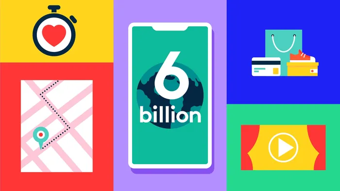 Colorful infographic of smartphone uses including location, shopping and video by Stuart Holmes