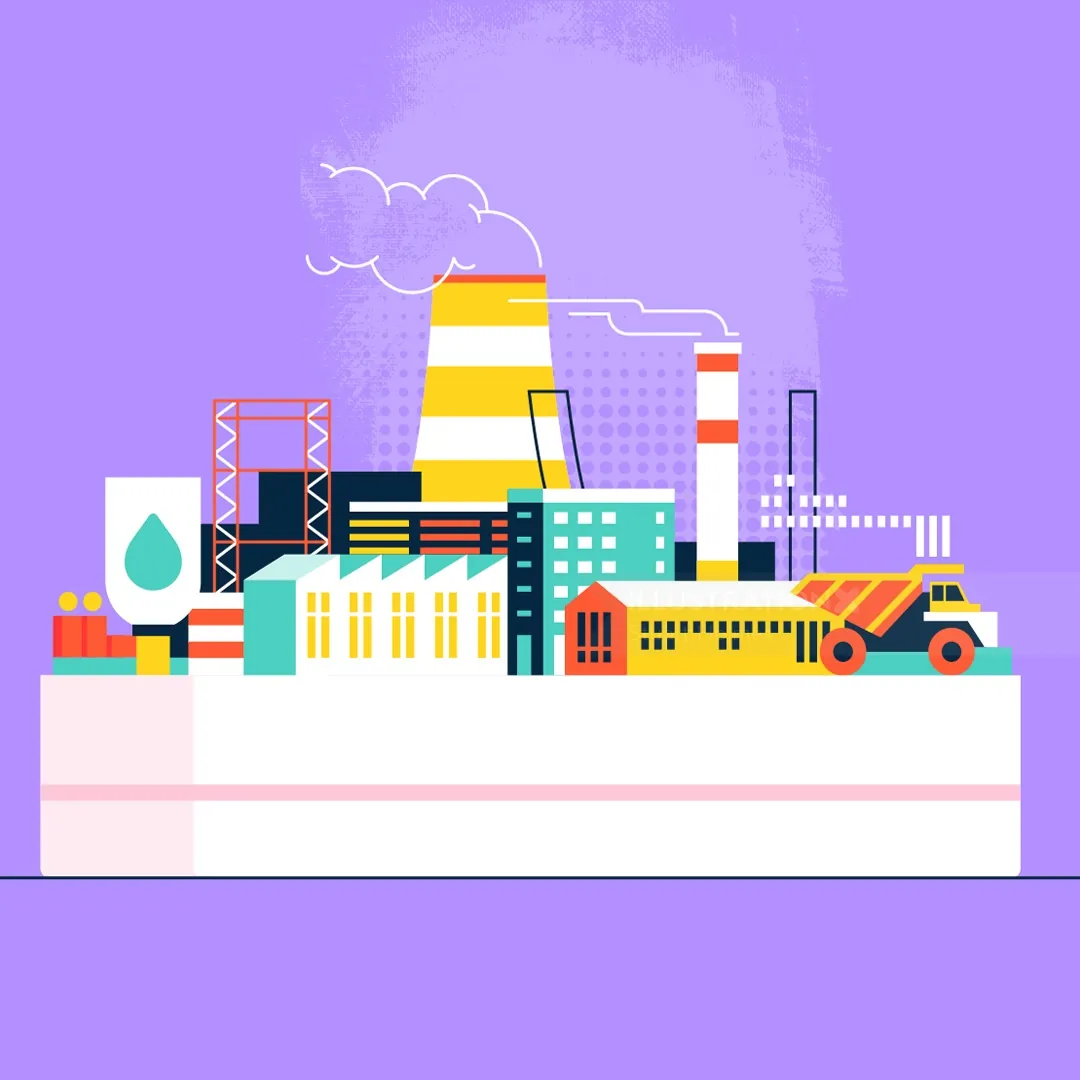 Illustration of an industrial factory with cooling towers by Stuart Holmes
