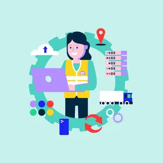 Illustration of a woman with laptop and tech symbols, by Stuart Holmes