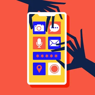Smartphone with app icons manipulated by shadowy hands, artwork by Stuart Holmes