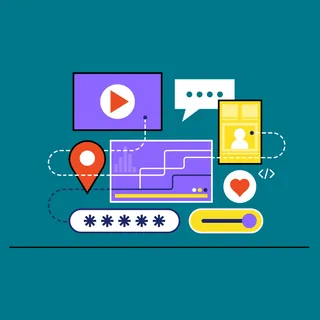 Digital icons including play button, chat bubble, and location pin by Stuart Holmes