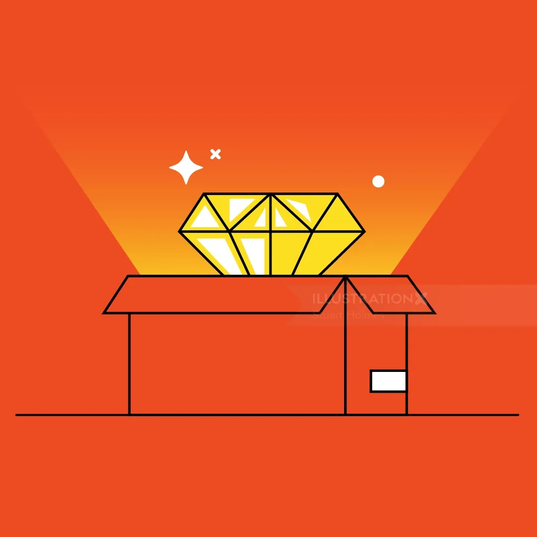 Golden diamond shining inside an open box on orange background by Stuart Holmes