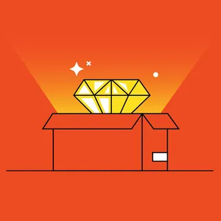 Golden diamond shining inside an open box on orange background by Stuart Holmes