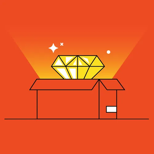 Golden diamond shining inside an open box on orange background by Stuart Holmes